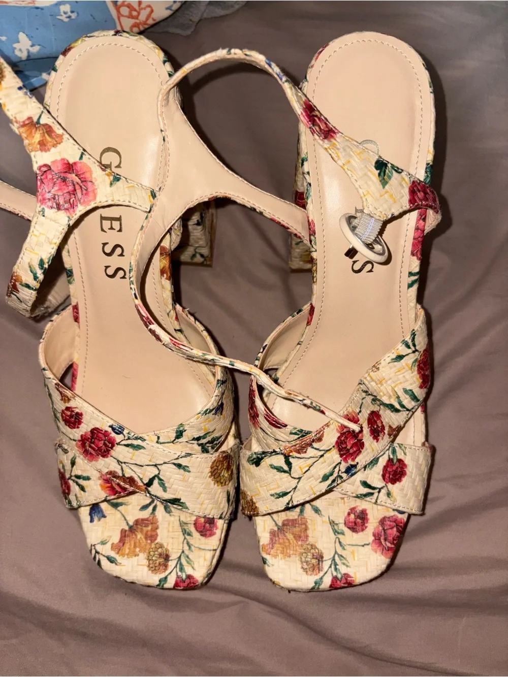 Guess Cream Floral Platform Block Heel Sandals